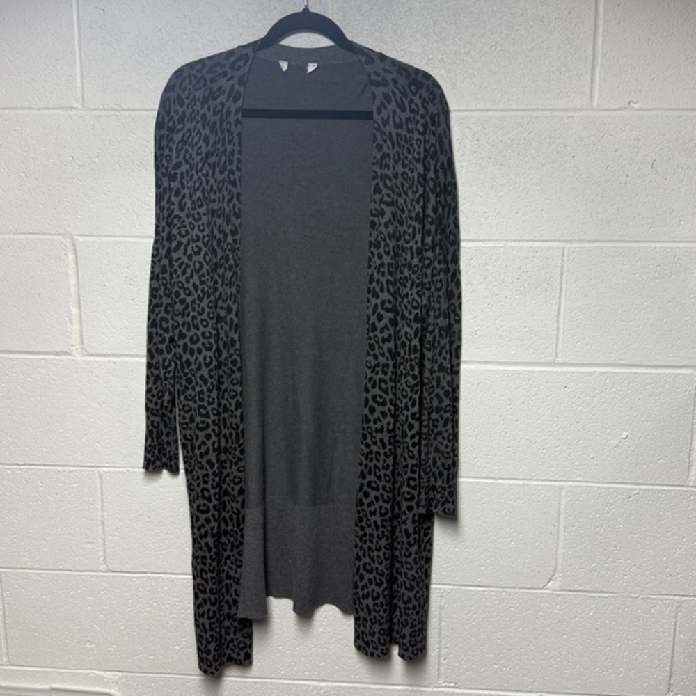 Gray Leopard Print Open Front Cardigan Gray Black Animal Print 0X 14W